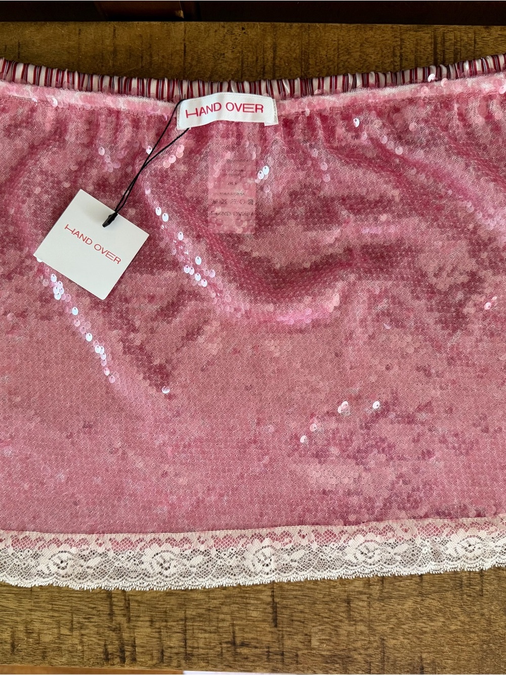 HAND OVER Pink Sequin Camilo Mini Skirt with Lace Hem - Picture 3 of 3